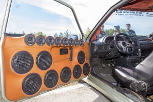 Perm, Russia - June 7, 2014: Many built-in door car music speakers at Avto - moto festival "Resox Tuning Fest 3".